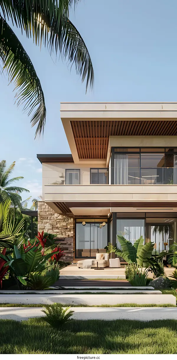 Modern Tropical House with Palm Trees and Stone Facade