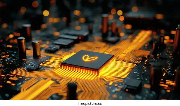 Close-up of a Glowing Circuit Board with a Processor