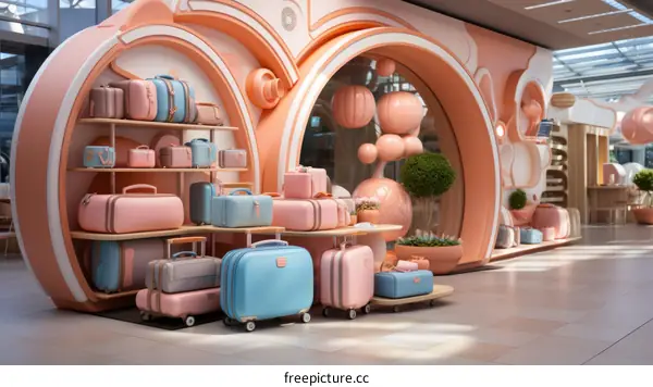 Pastel renkli sevimli bavulların bulunduğu mağaza