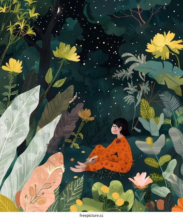 Girl Sitting in a Forest at Night