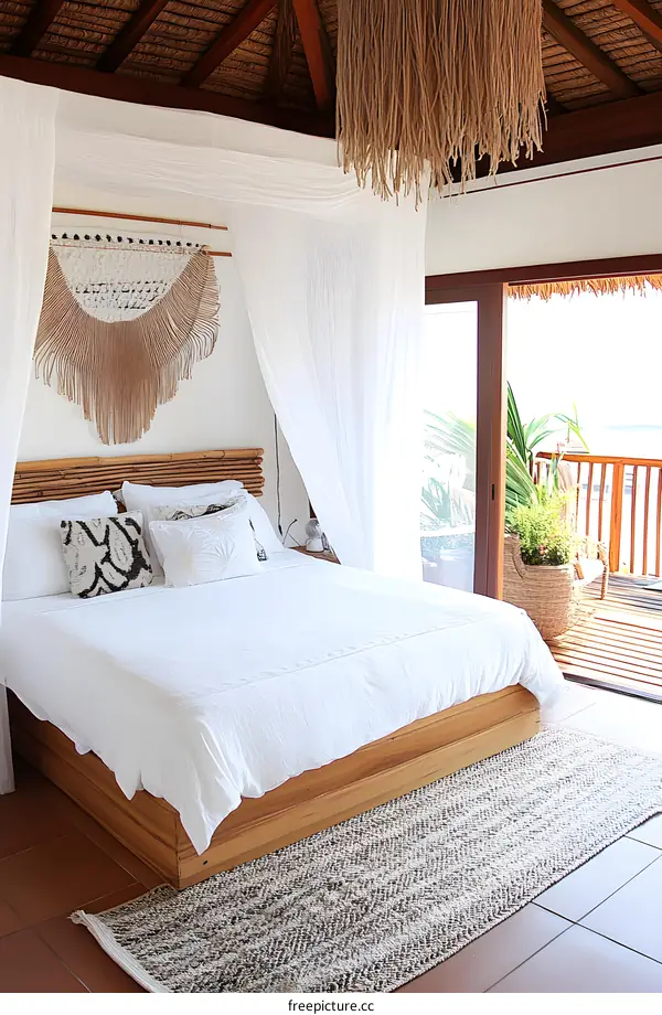 Tropical Bedroom Interior Design With Woven Wall Hanging And Natural Light