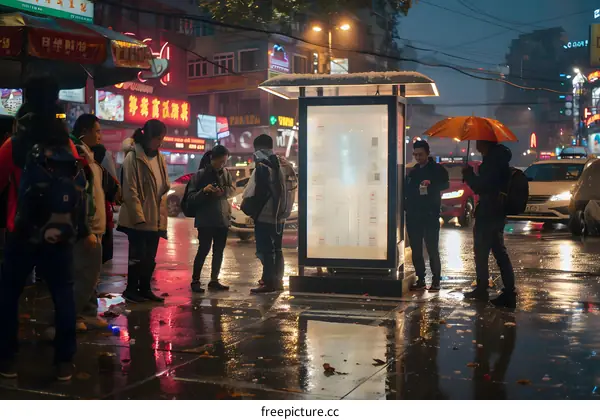 People Waiting at a Bus Stop in the Rain