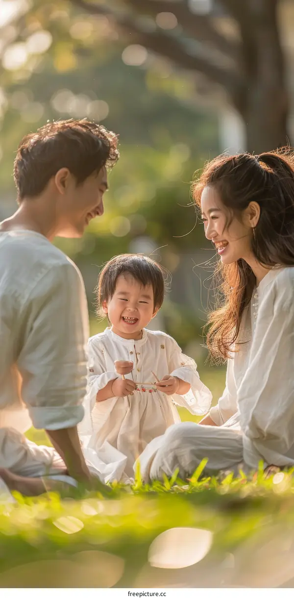 Happy family of three playing in the park