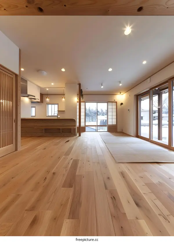 Modern Japanese Living Room With Wooden Flooring And Natural Light