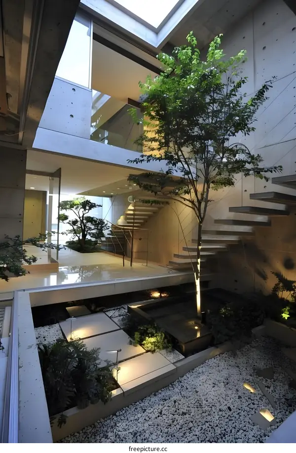 Modern Concrete House with Indoor Garden and Floating Stairs