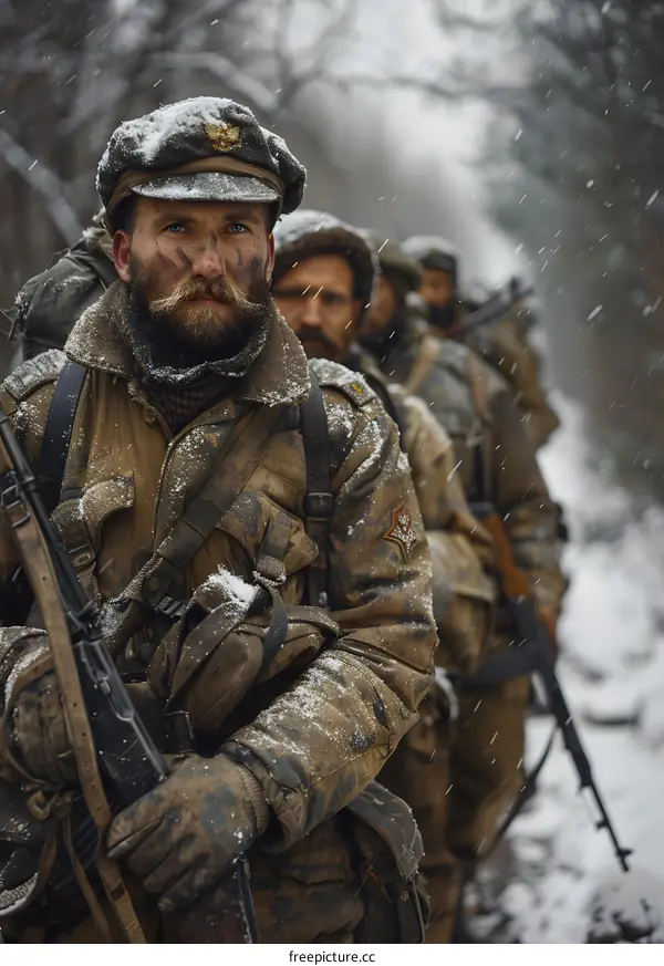 A group of soldiers in winter gear are walking through a snowy forest.