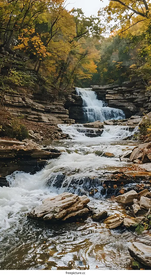 Autumn Foliage with Waterfall in Forest