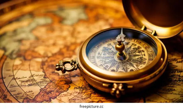 A Golden Compass on an Old World Vintage Map