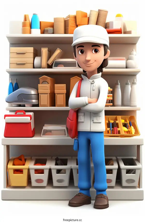 Delivery man standing in front of shelves full of groceries