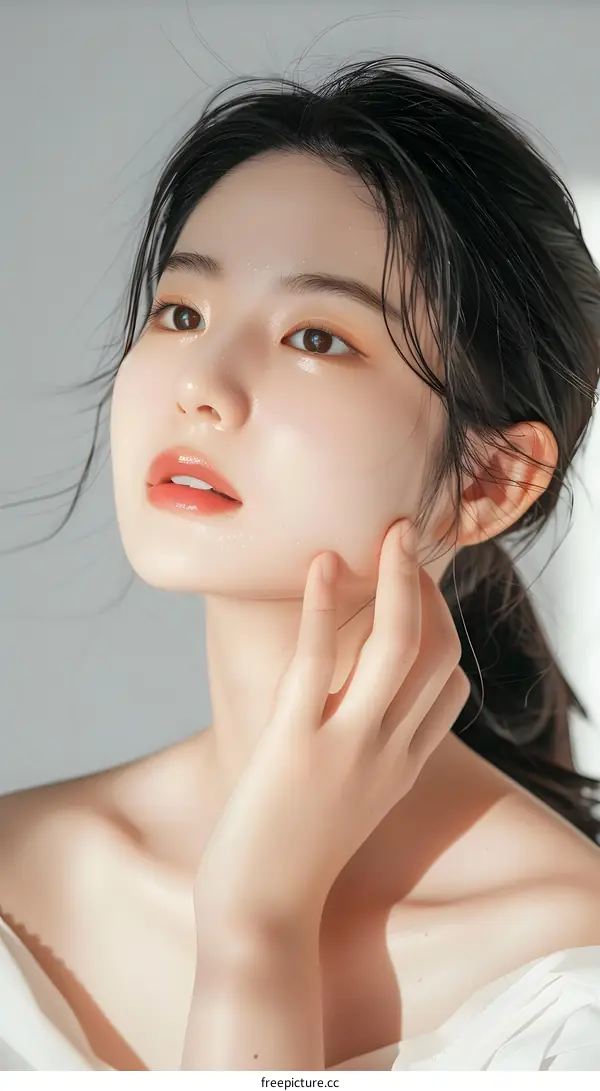 Close up Portrait of a Young Asian Woman with Smooth Skin and  Shiny Hair