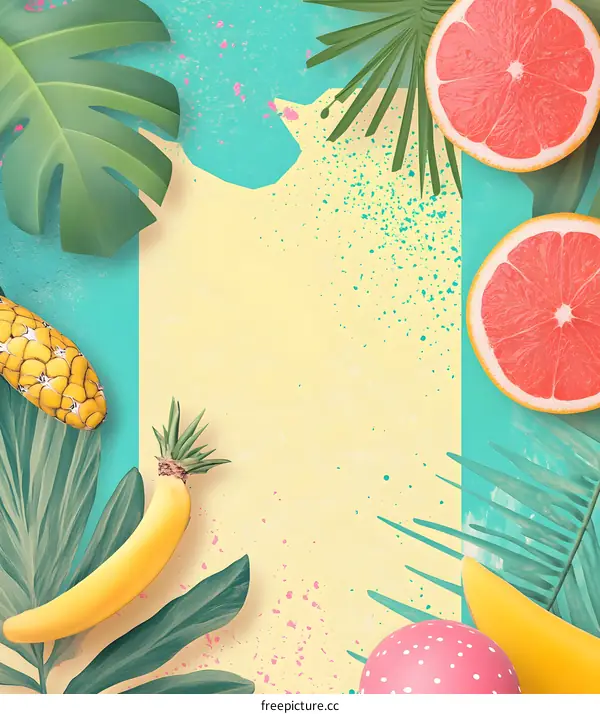 Tropical Summer Fruit Background with Pineapple, Banana and Grapefruit