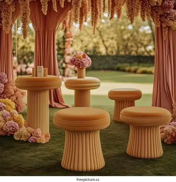 Outdoor Wedding Venue Decor With Tan Velvet Stools