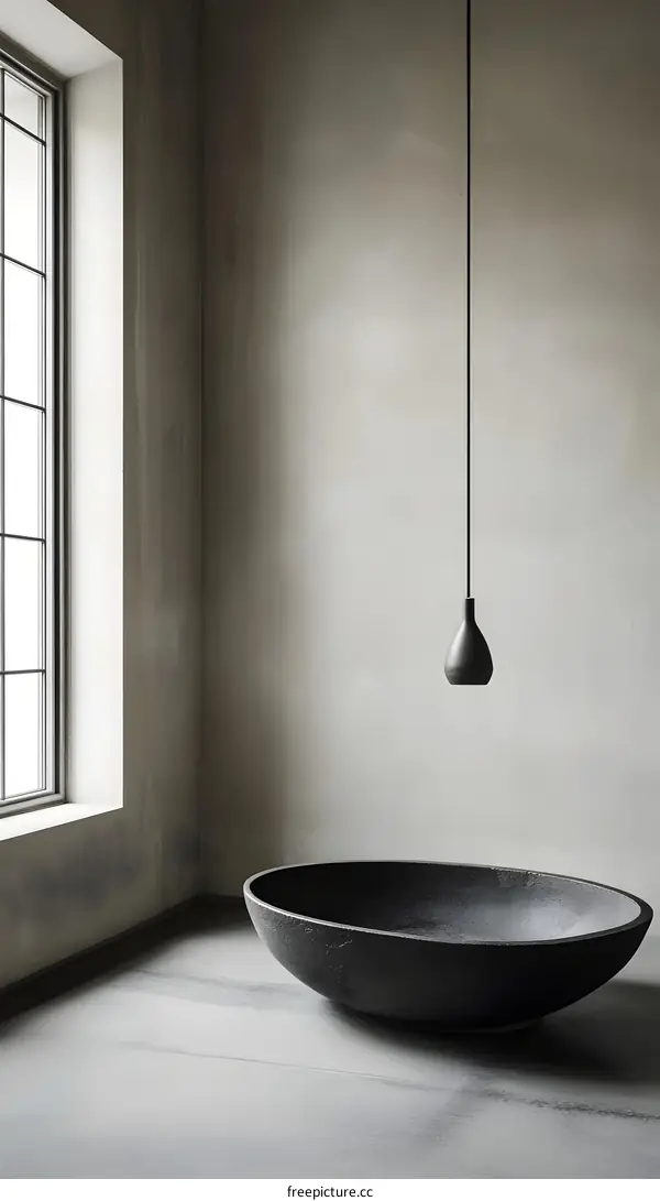 Minimalist Interior Design with Black Bathtub and Pendant Light