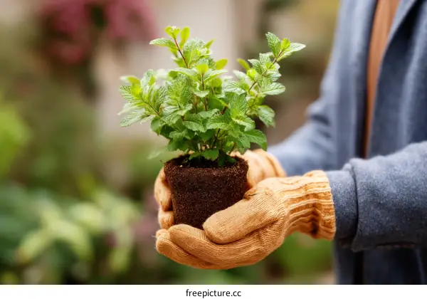 Gardener Holding Mint Plant in Pot Outdoor