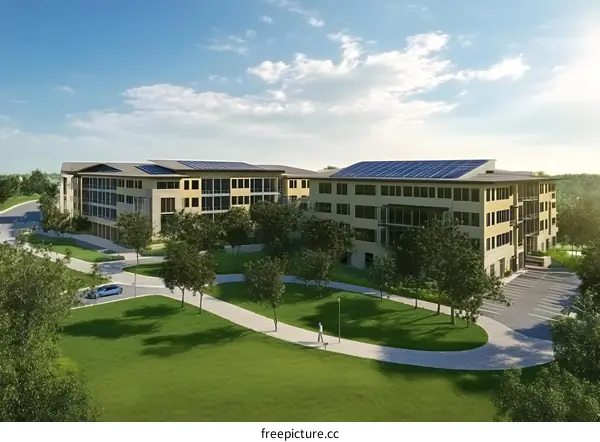 Modern Building with Green Landscaping and Solar Panels