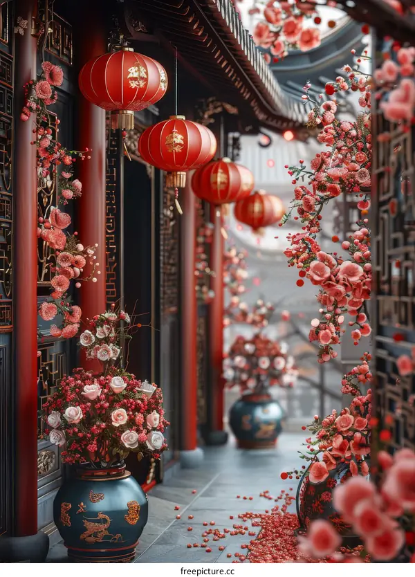 Festive Chinese Corridor with Red Lanterns and Peach Blossoms