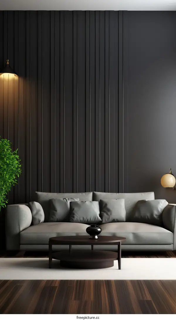 3D rendering of a living room interior with a dark wood wall, gray sofa, and coffee table
