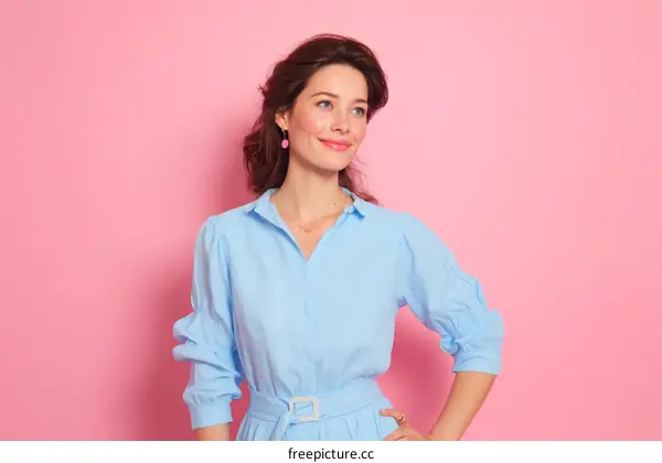 Stylish Woman in Light Blue Dress Against Pink Background