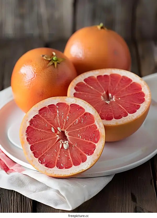 Fresh Ripe Grapefruit Sliced on White Plate