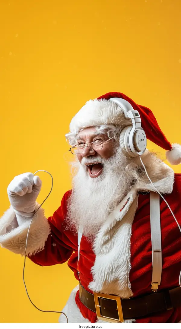 Santa Claus in headphones listens to music and sings along