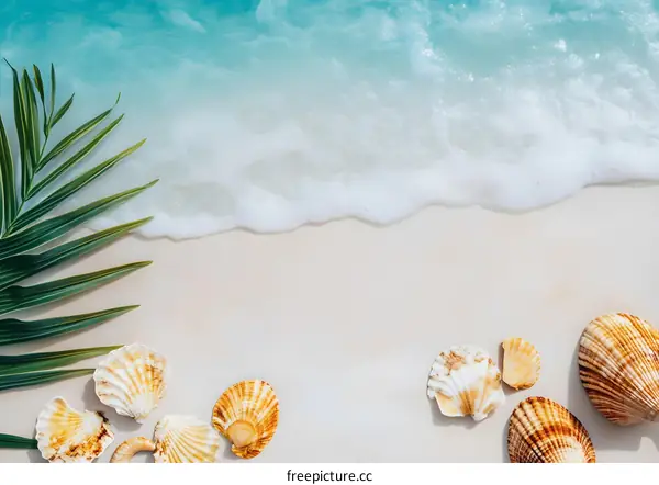 Seashells, Palm Leaf and Ocean Waves on White Sand Beach