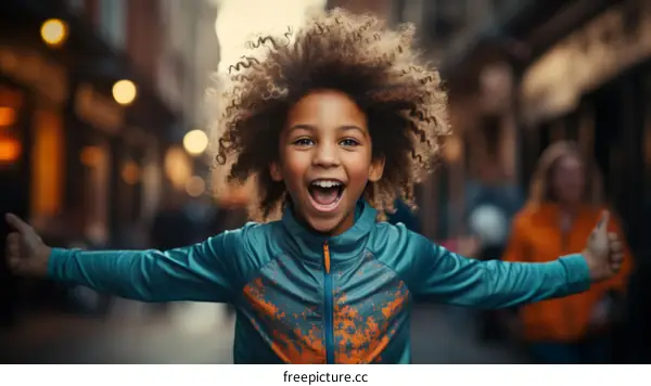 A happy young boy with curly hair smiles and throws his arms out in joy.