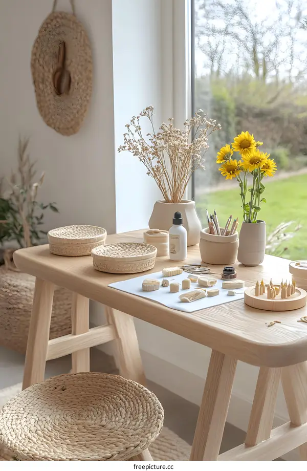 Wooden Table With Dried Flowers, Wicker Stool and White Paper