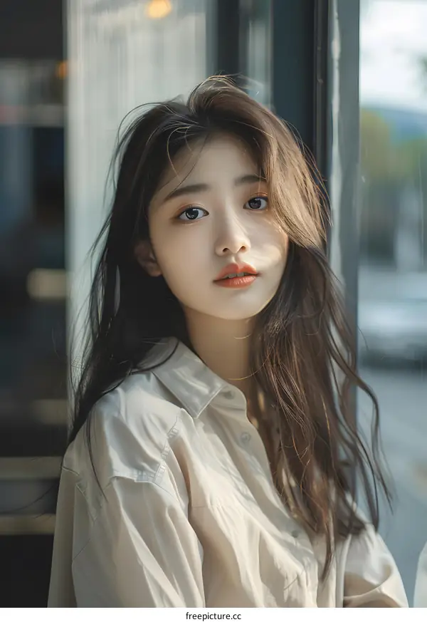 Portrait of Young Asian Woman with Long Hair Wearing a White Shirt by a Window