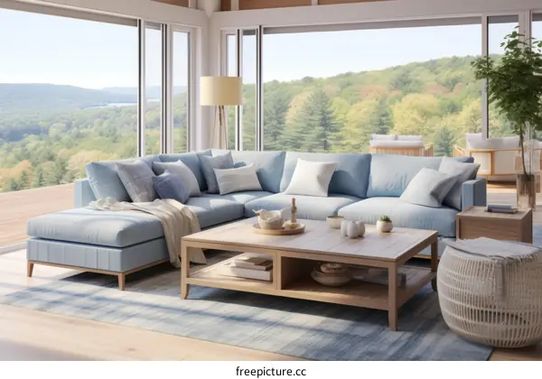 Blue and wood living room interior design