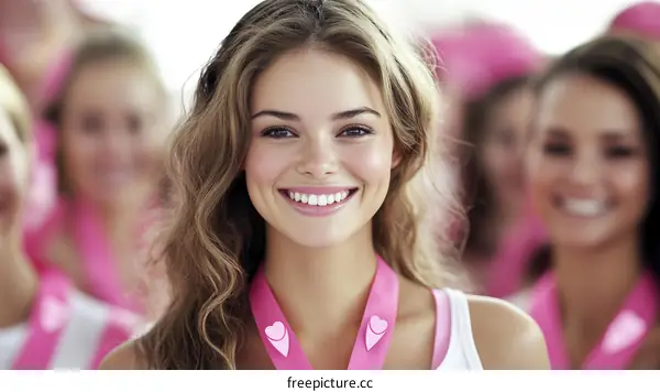 Smiling Women with Pink Ribbons
