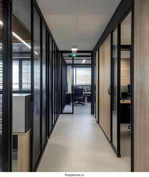 Modern Office Hallway with Glass Walls and Wooden Panels