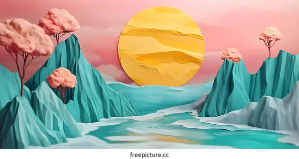 Papercraft Landscape with Pink Trees and a Yellow Sun