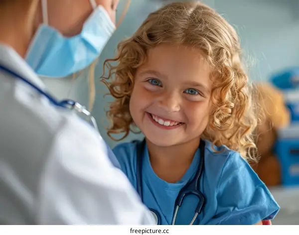 Little girl with curly blond hair smiling at the doctor