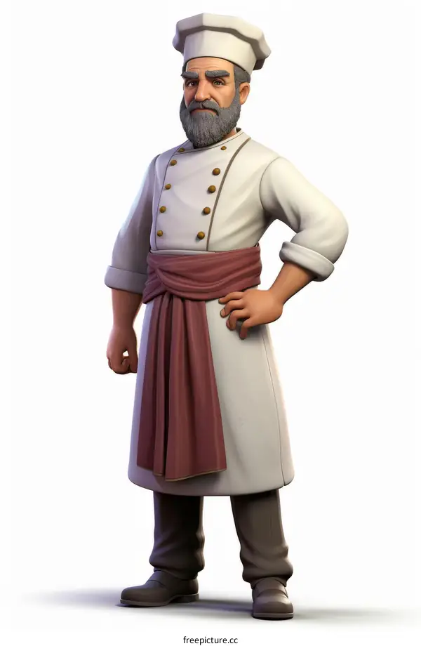 Chef Illustration in White Uniform and Red Apron