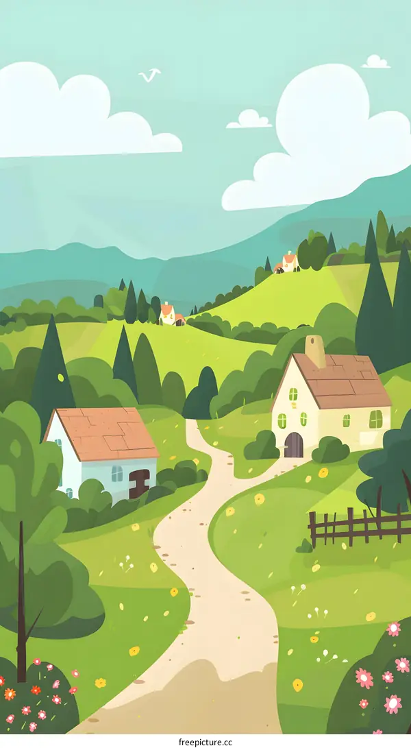 Countryside Landscape With Winding Road And Houses