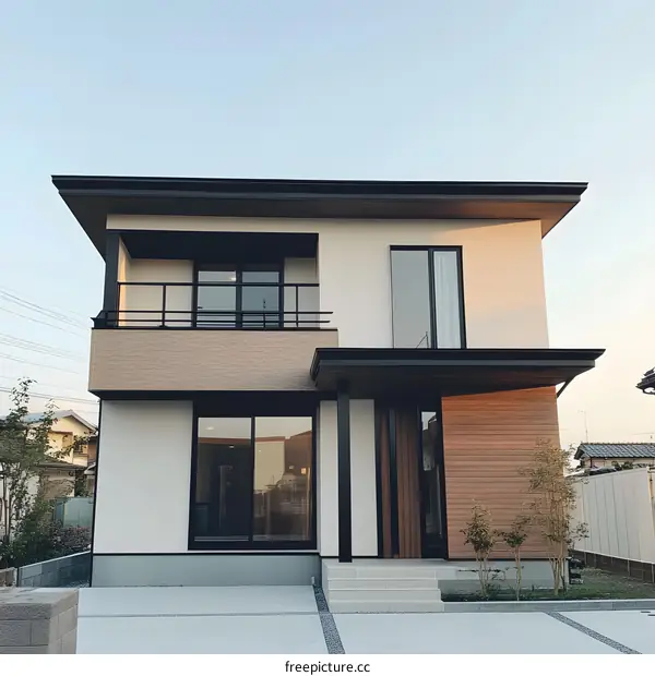 Modern Two Story House with Balconies and Black Trim