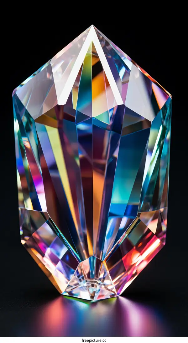 Rainbow Reflection on Faceted Crystal, Black Background