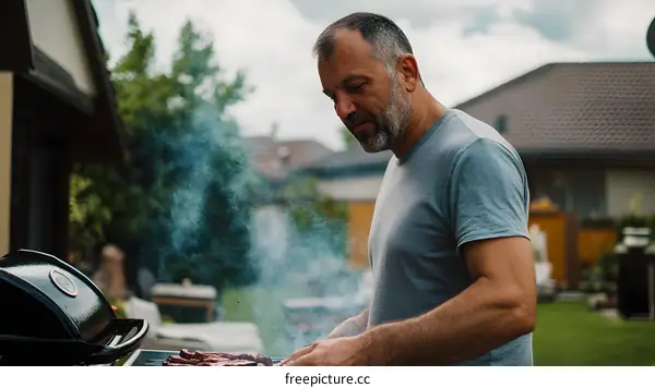 Man Grilling Food on a Barbecue Grill in the Backyard