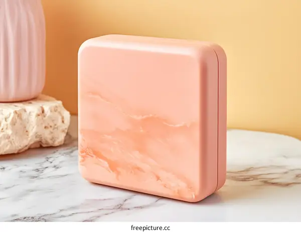 Pink Marble Patterned Box on White Marble Table
