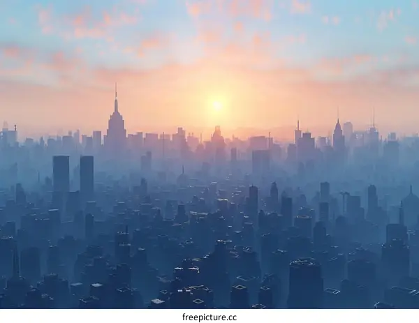 Sunrise over a misty city with skyscrapers