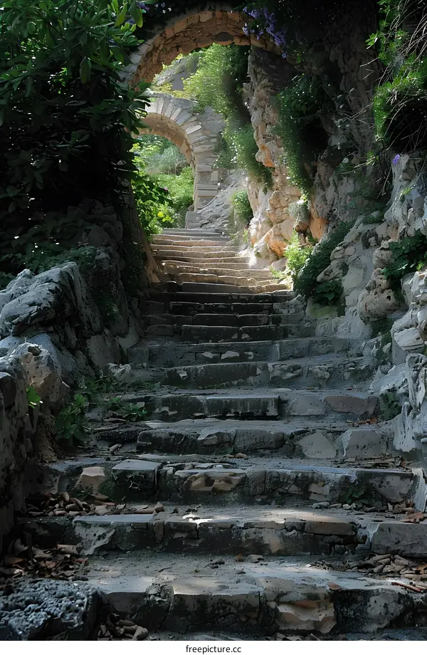Stone Steps Leading Through Archway in Lush Garden