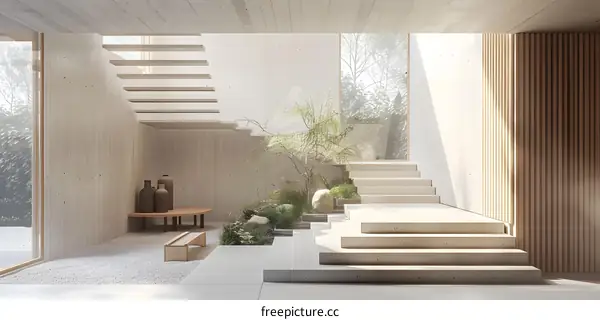 Minimalist Interior Design with Concrete Stairs and a Small Garden
