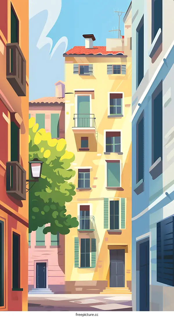 Summer Day in European City, Yellow Building with Balcony