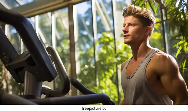 Young man exercising on a cross trainer in a sunlit room with plants