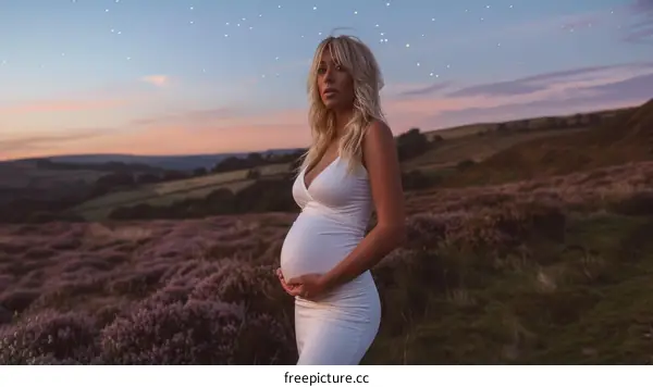 Expectant Mother in a Field of Heather Under a Starry Sky
