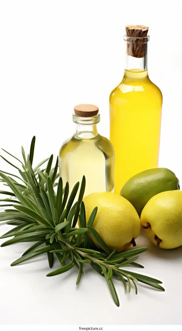 Natural organic jojoba oil and rosemary essential oil in glass bottles with fresh rosemary and pears