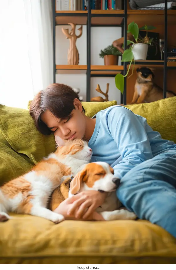 A young man is sleeping on a couch with a cat and a dog