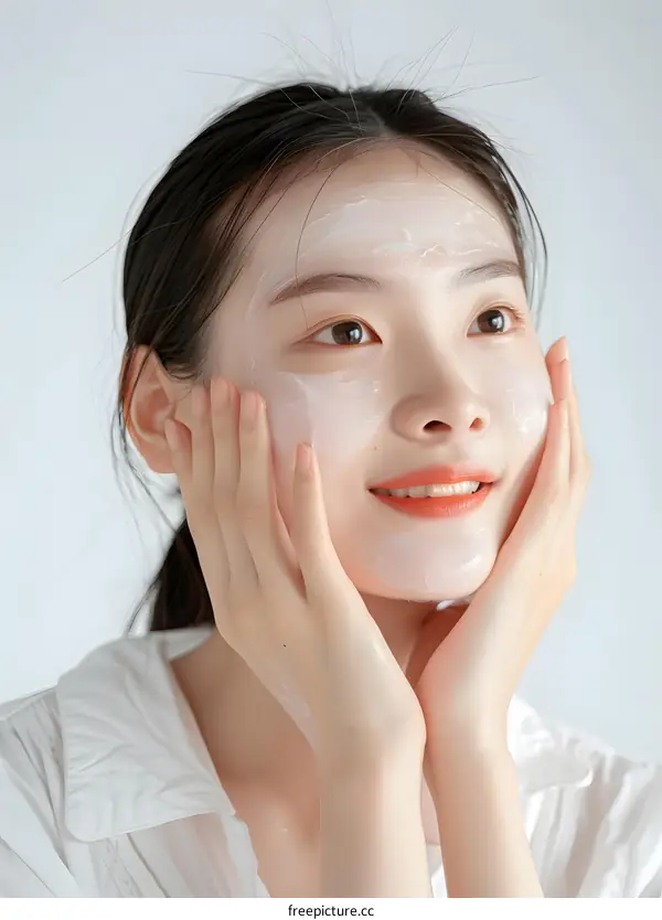 Smiling Woman Applying Face Mask Skincare Beauty
