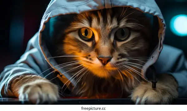 A cat wearing a gray hoodie is looking at the camera