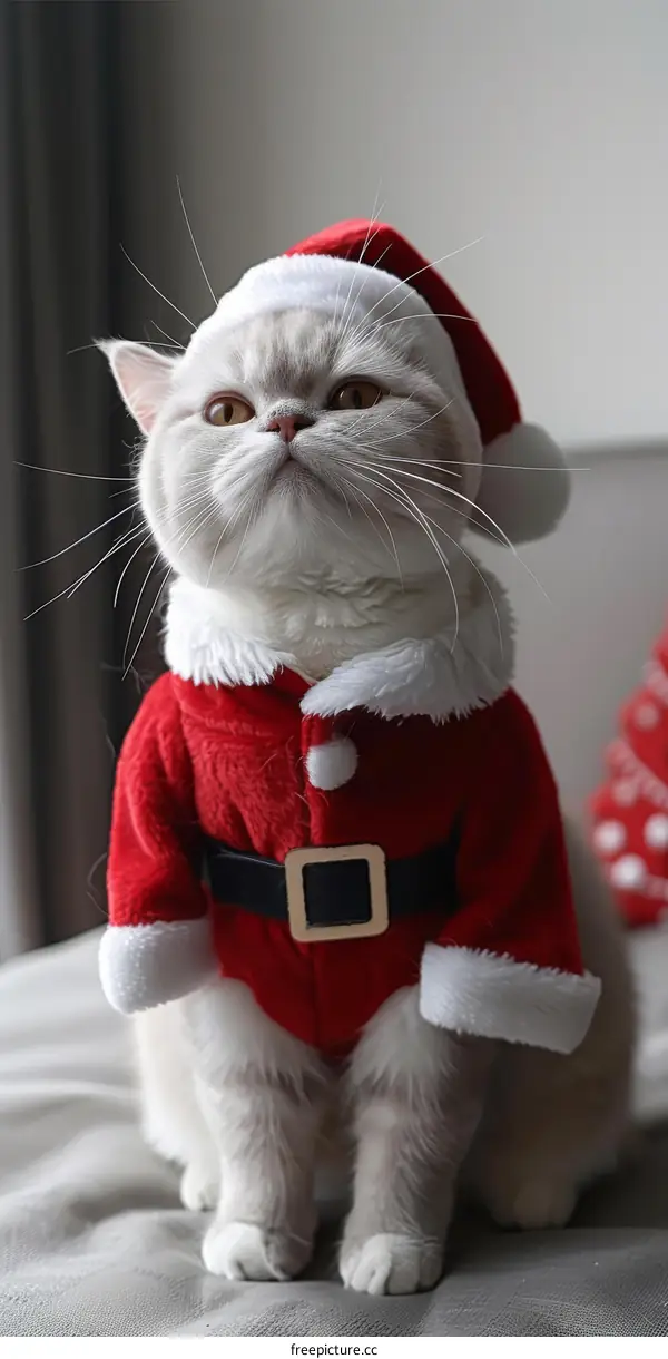 A cute cat wearing a Santa hat and a red and white coat